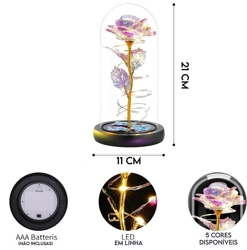 Rosa Cristal Bela e a Fera com Led + Cúpula de Vidro Verdadeiro