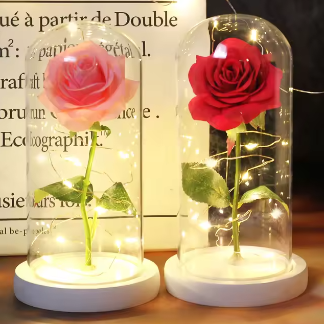 Rosa Cristal Bela e a Fera com Led + Cúpula de Vidro Verdadeiro